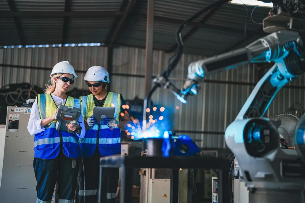 Robotics engineers in front of machinery