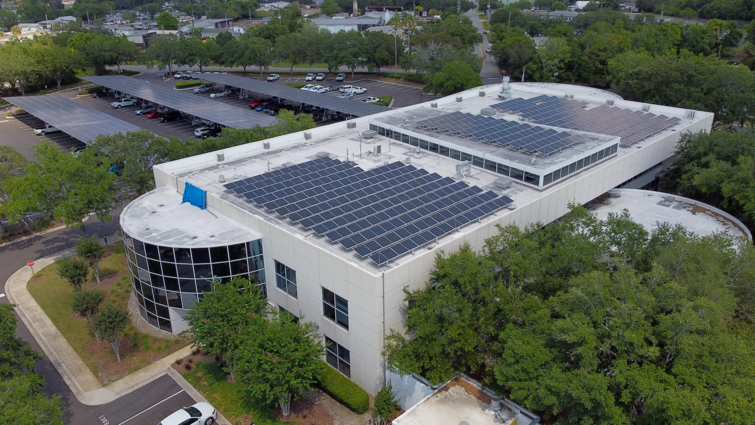 Solar panels on roof of commercial building