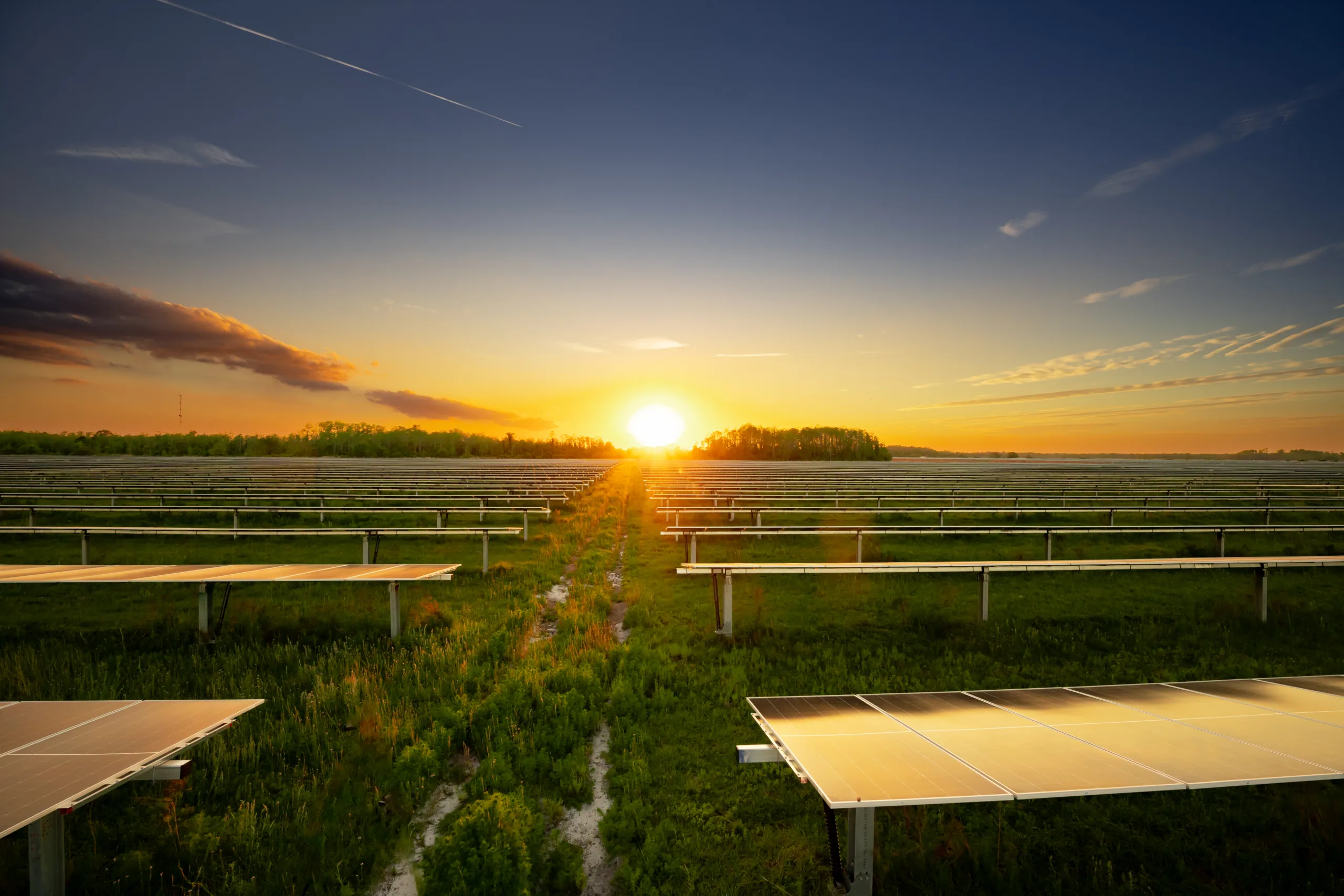 Solar panels with sunrise