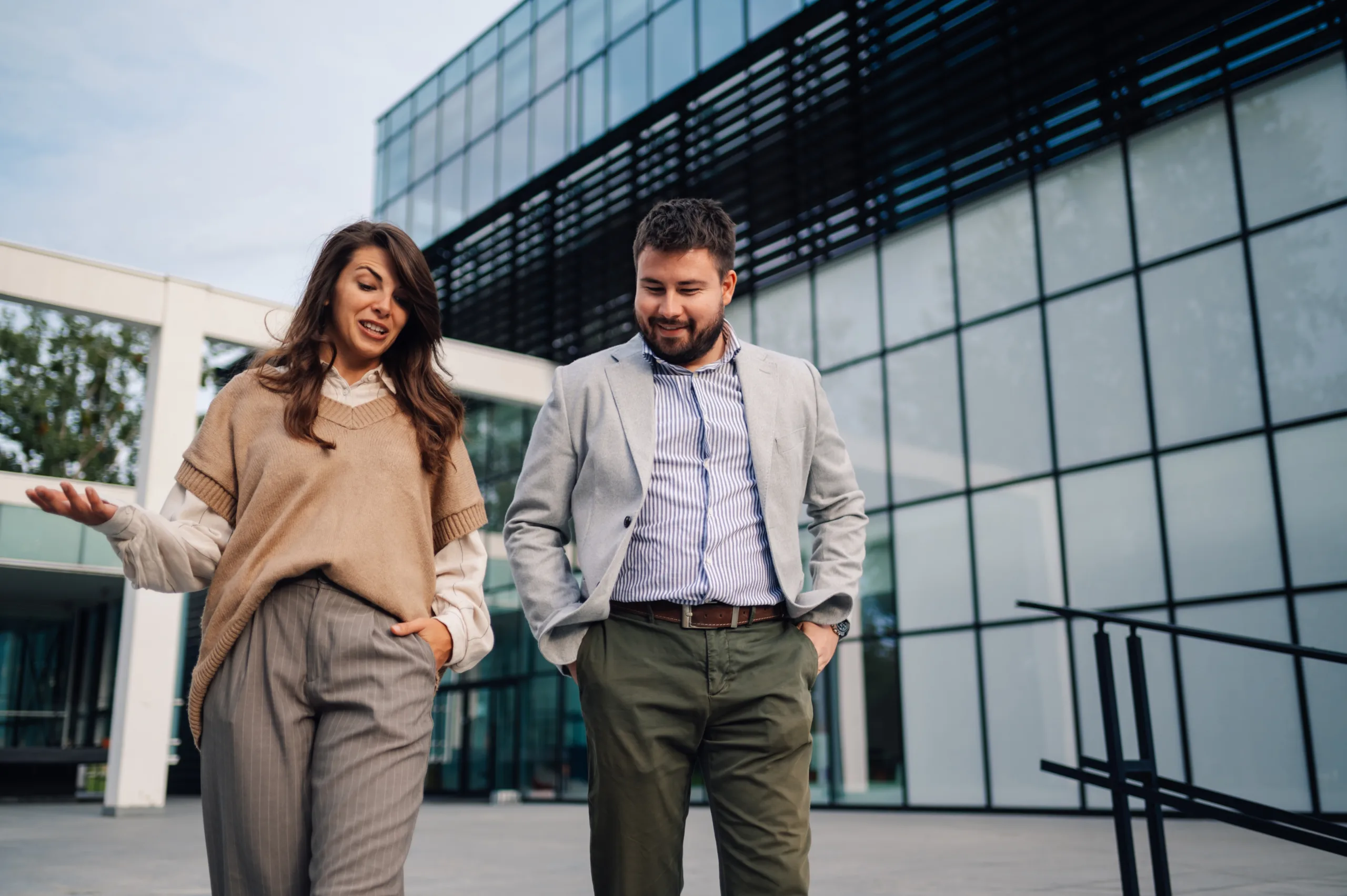 Man and woman walking in urban area